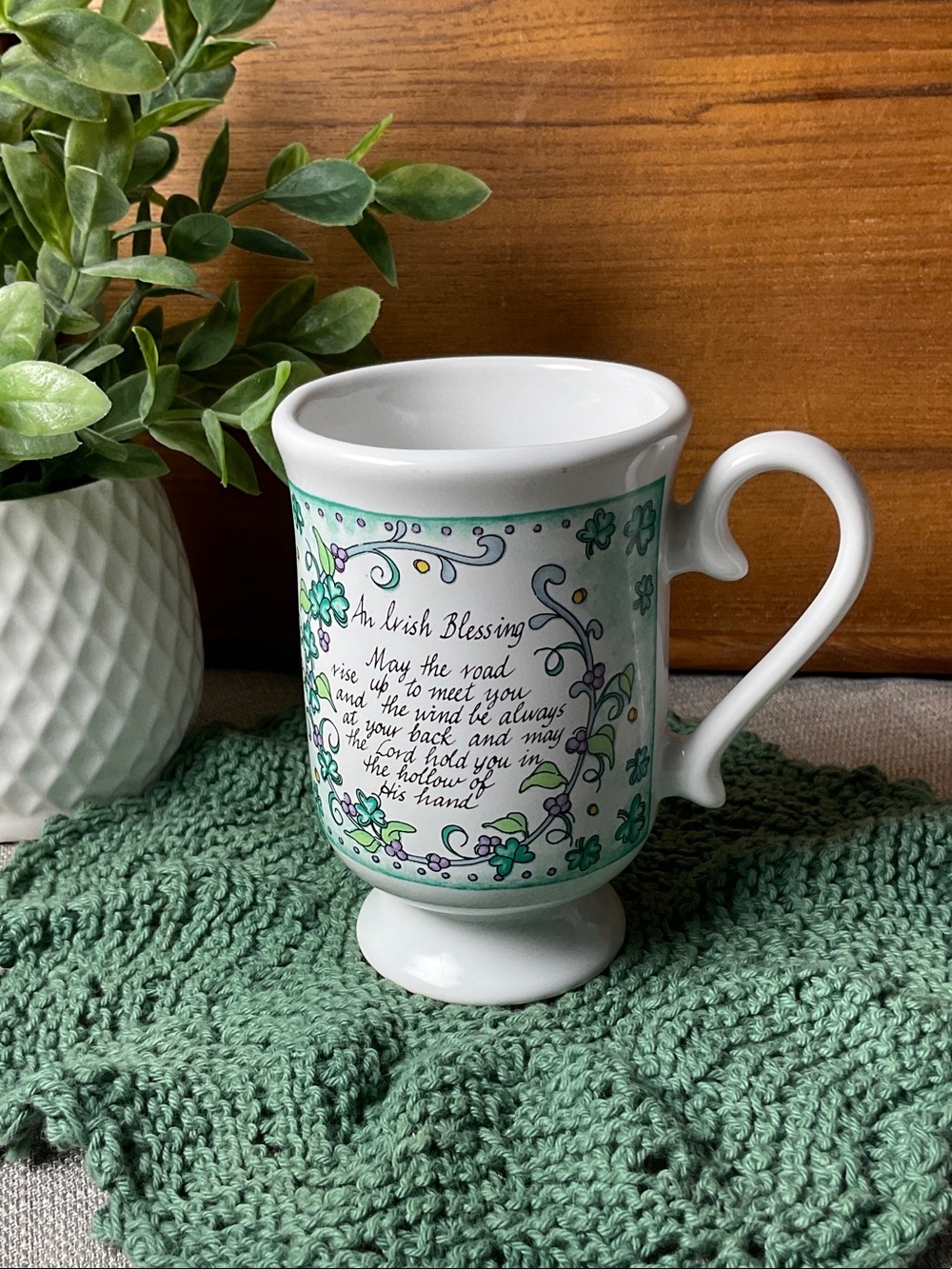 Vintage Russ Berrie Irish Blessing Pedestal Coffee Mug with Shamrocks